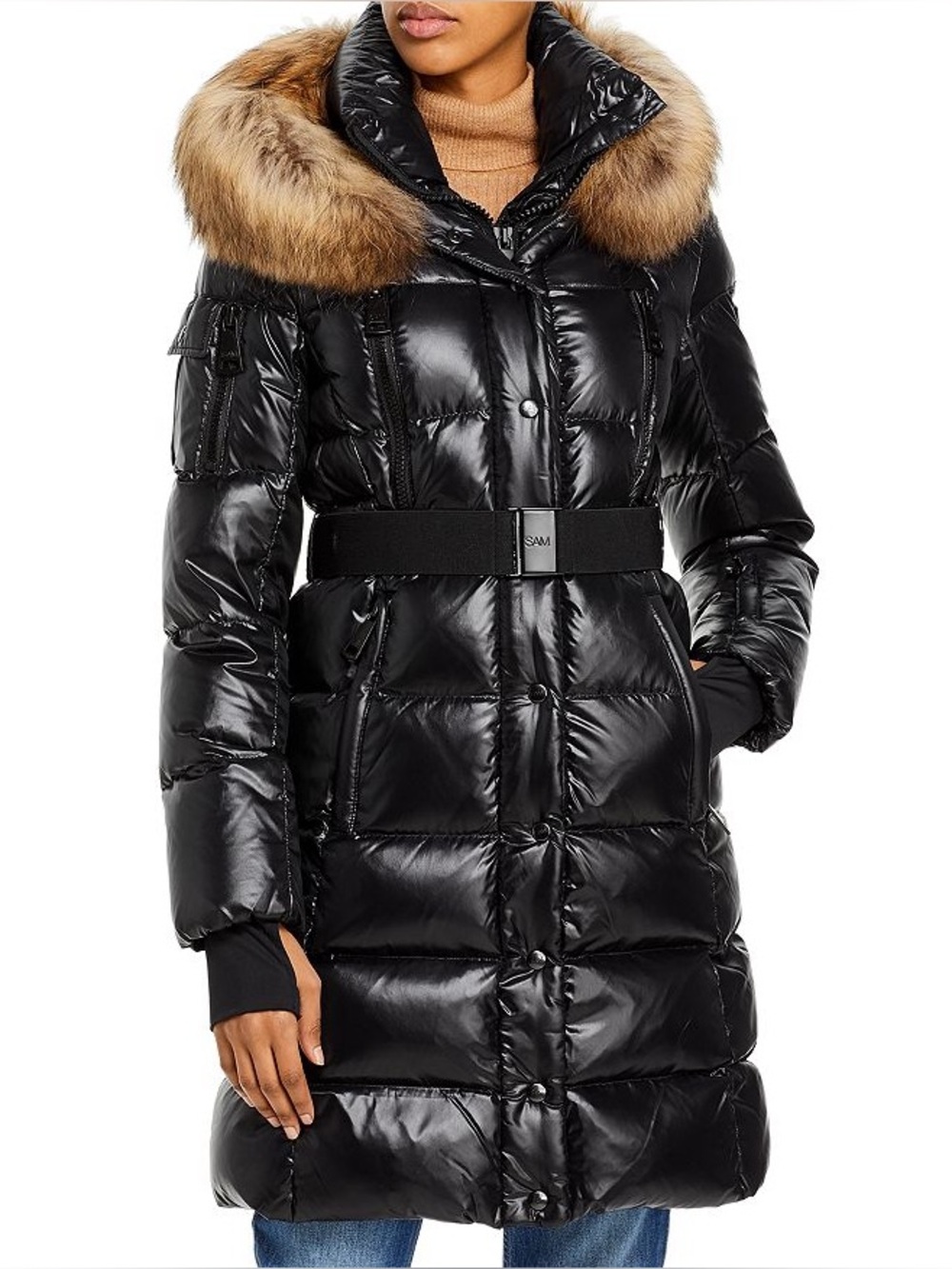 SAM. Infinity Coyote Fur Trim Black Gloss Long Puffer Down Coat Size Medium